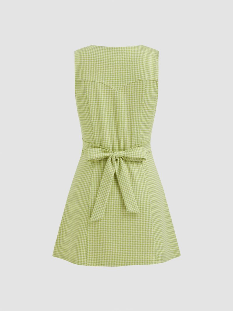Retro Plaid V-Neck Button Sleeveless Dress - Image 2