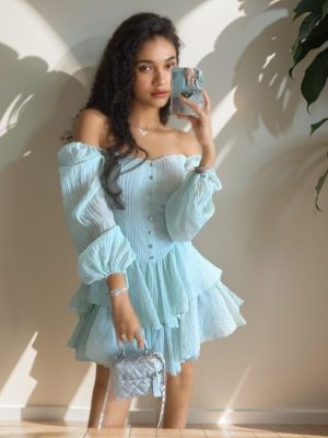 Early Autumn French Puff Sleeve Tiered Dress