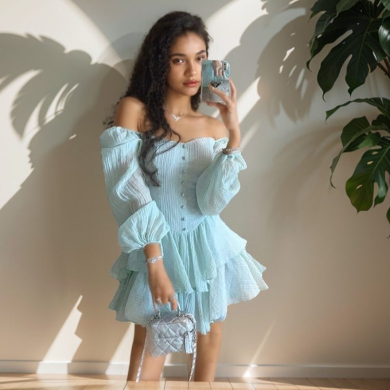 Early Autumn French Puff Sleeve Tiered Dress