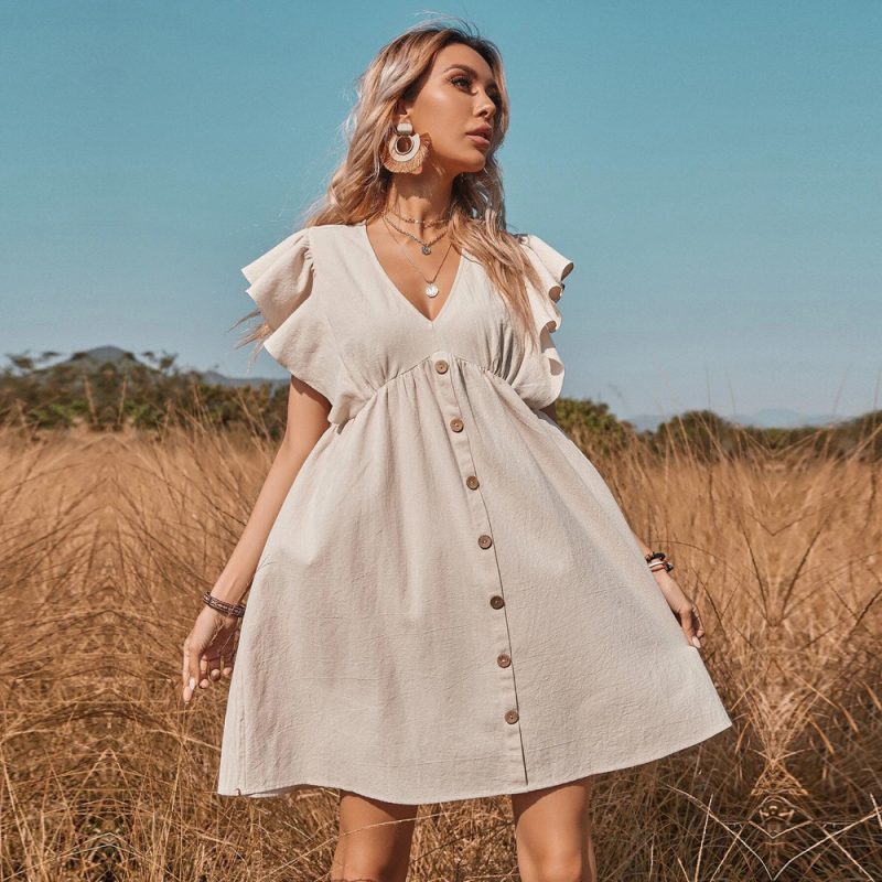 One-Breasted V-Neck Casual Swing Dress Women - Image 2