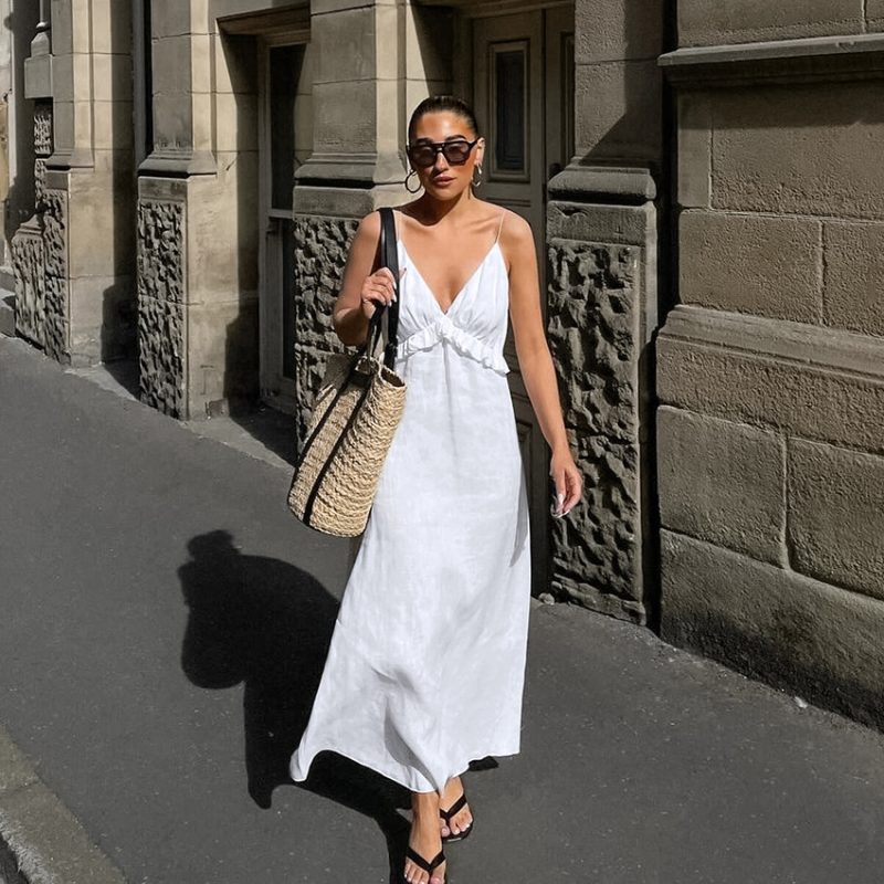 White Cotton V-Neck Flounce Maxi Vacation Dress - Image 4
