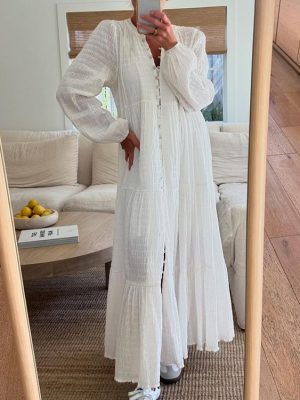 French Cotton Pleated White Maxi Dress