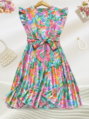 Printed A-Line Pleated Dress with Collar