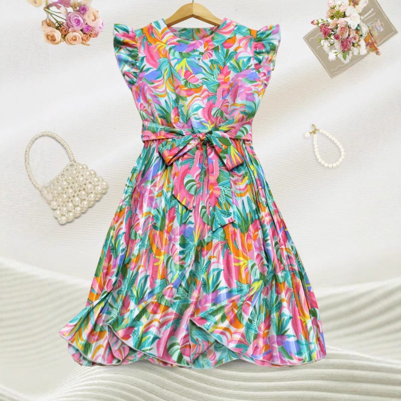 Printed A-Line Pleated Dress with Collar