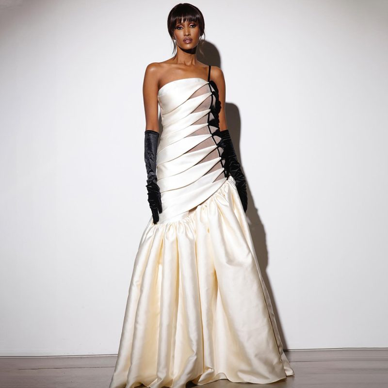 One-Shoulder Satin Contrast Fishtail Maxi Dress