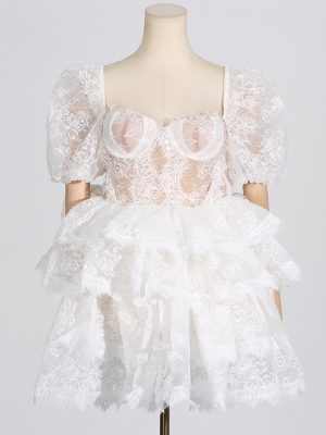 Summer Lace Puff Sleeve Square Neck Dress