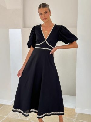 V-Neck Solid Lace Puff Sleeve Waist Maxi Dress