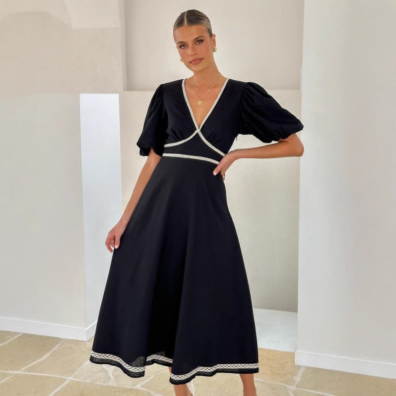 V-Neck Solid Lace Puff Sleeve Waist Maxi Dress