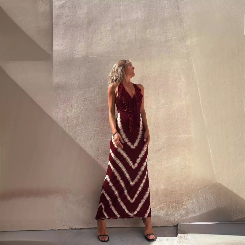 Printed V Neck A-Line Dress – Sleeveless Style