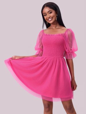 Off-Shoulder Long Sleeve Pleated Mesh Princess Dress