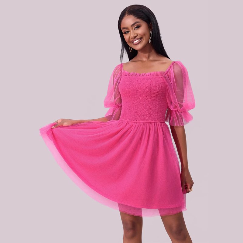Off-Shoulder Long Sleeve Pleated Mesh Princess Dress