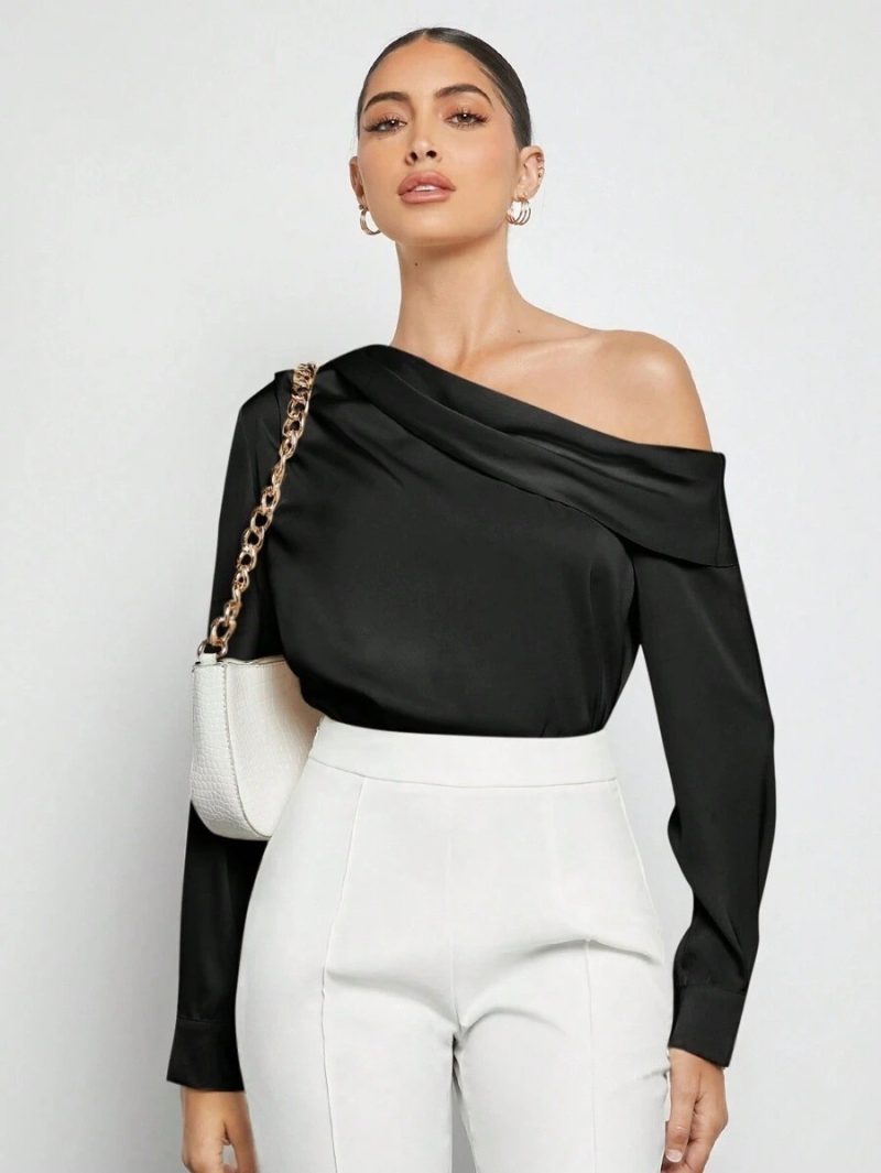 Spring Summer Off-Shoulder Pleated Satin Asymmetric Shirt - Image 4
