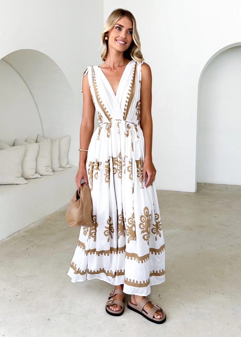 Summer Printed V-Neck Waist-Controlled Large Hem Maxi Dress - Image 3