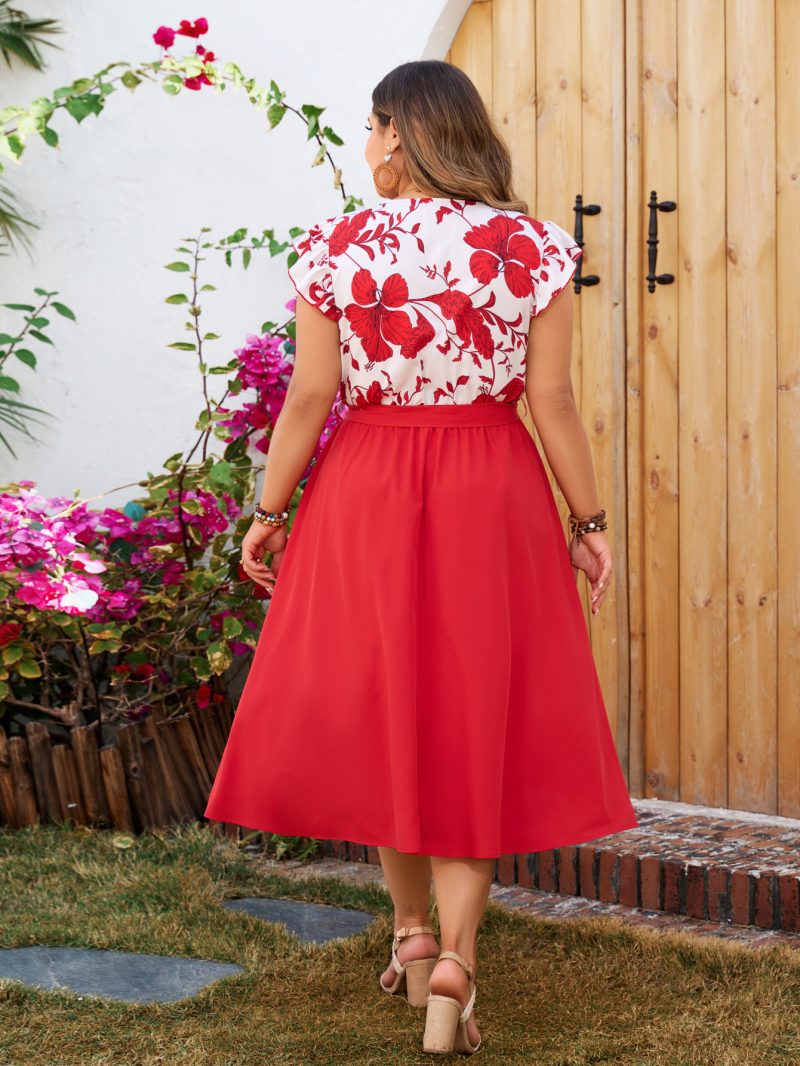 Plus Size Red Printed Stitching Dress - Image 2