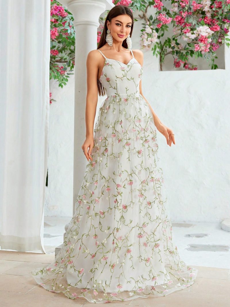 Elegant Embroidered Ball Dress with Sheer Mesh Layers - Image 3