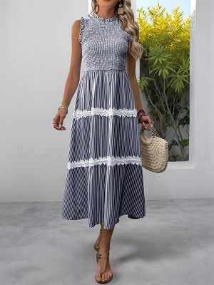 Sweet Striped Lace Sleeveless Summer Casual Dress