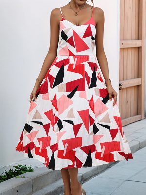Summer Sling A-Line Midi Geometric Print Dress