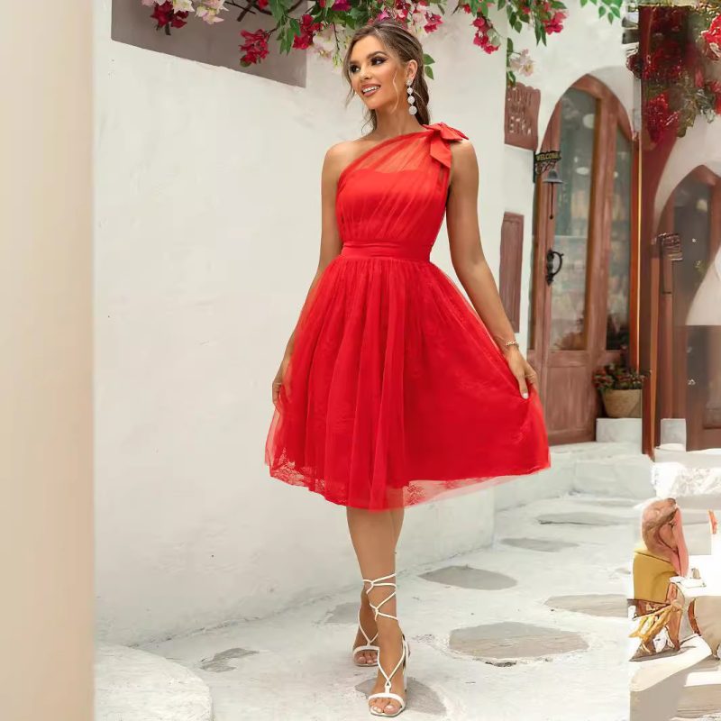 One Shoulder Mesh Slim Fit Flare Dress - Image 2