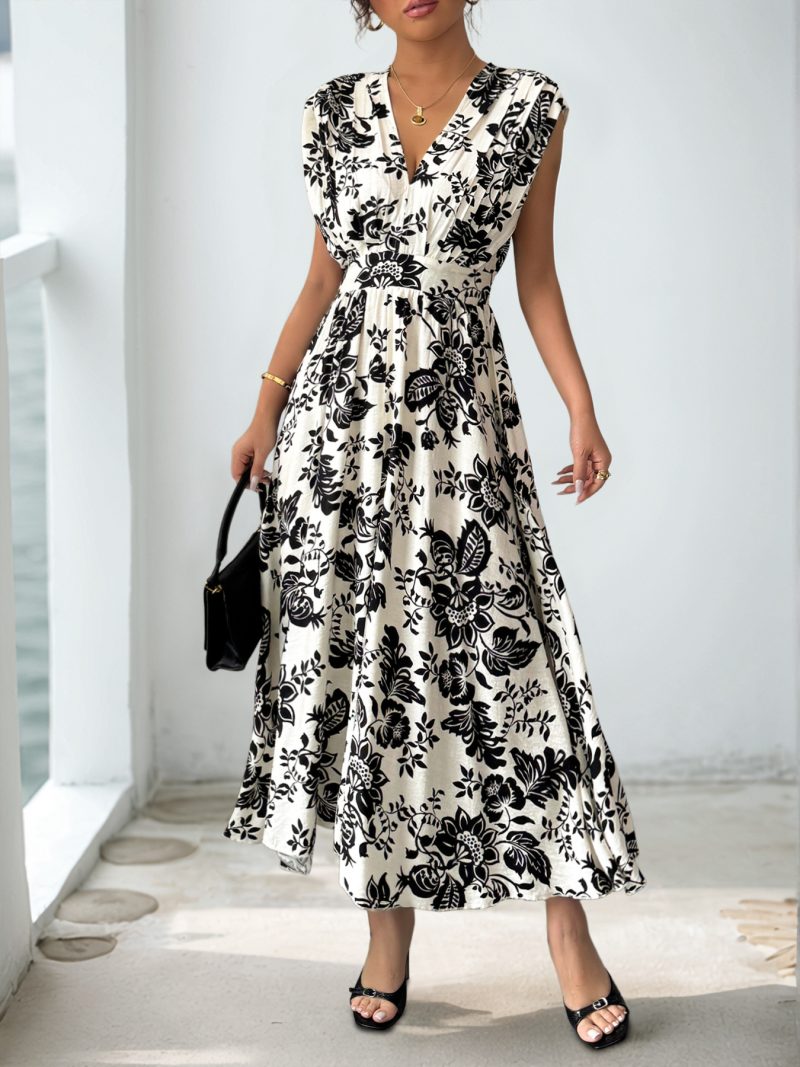 Retro Black White Floral V-Neck Dress - Image 3