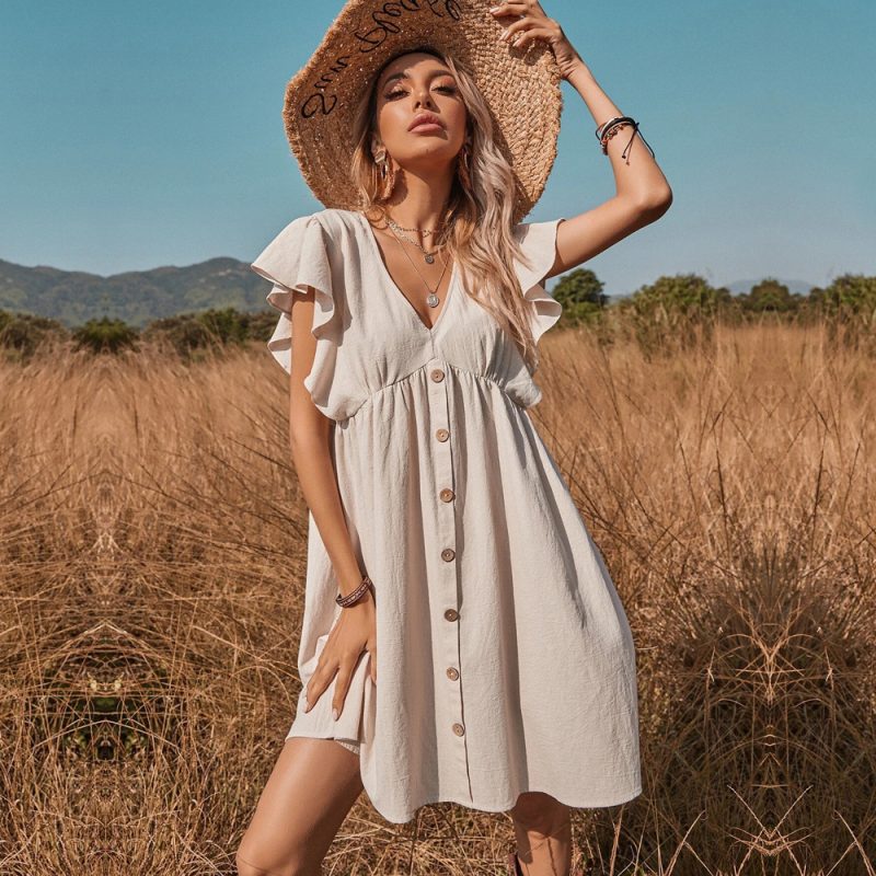 One-Breasted V-Neck Casual Swing Dress Women