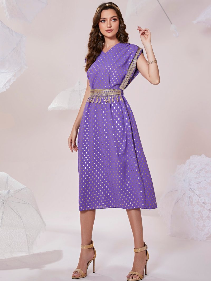 Dubai Muslim Polka Dot Tie Waist Dress - Image 3