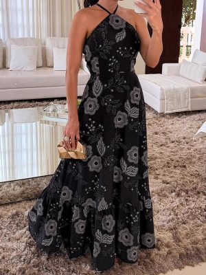 Elegant Off-Shoulder Printed Halter Vacation Dress