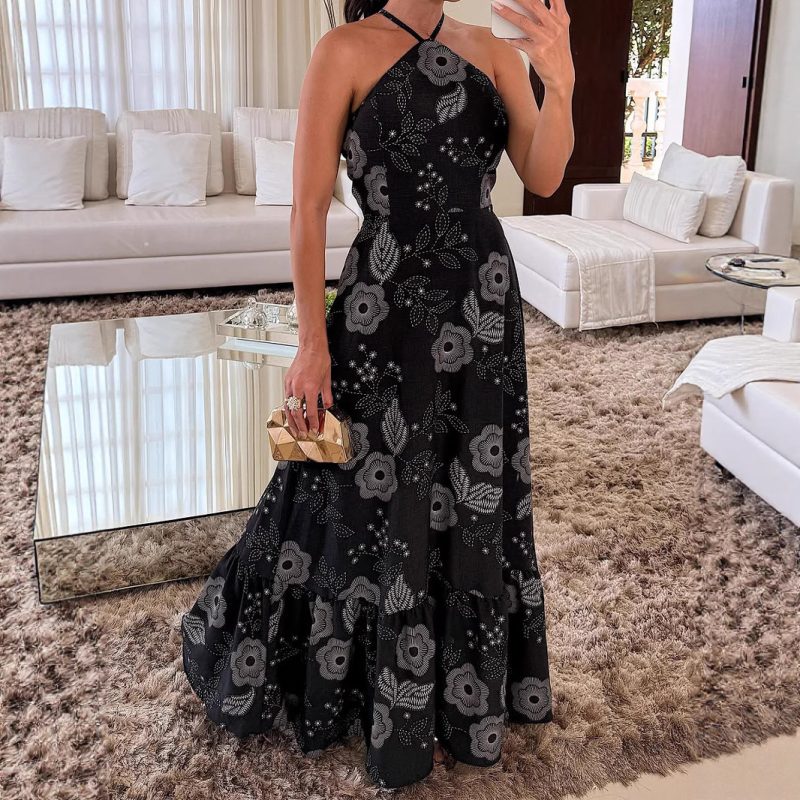 Elegant Off-Shoulder Printed Halter Vacation Dress