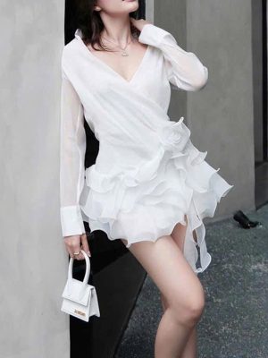 Light Mature V-Neck Floral Shirt Dress with Ruffles