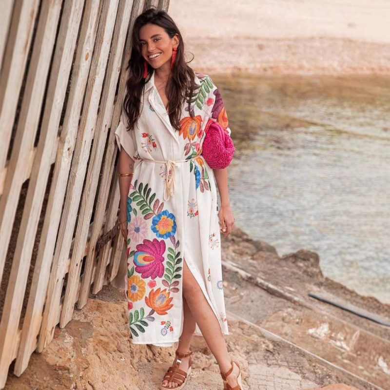Positioned Print Loose Beach Vacation Dress