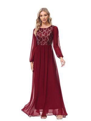 Elegant Long Sleeve Chiffon Sequin A-Line Evening Dress