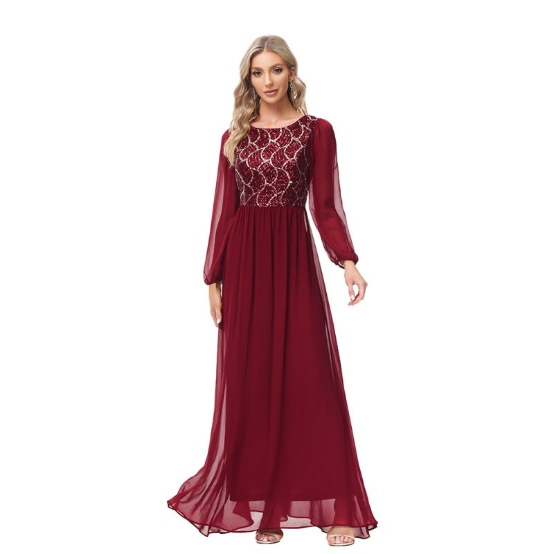 Elegant Long Sleeve Chiffon Sequin A-Line Evening Dress