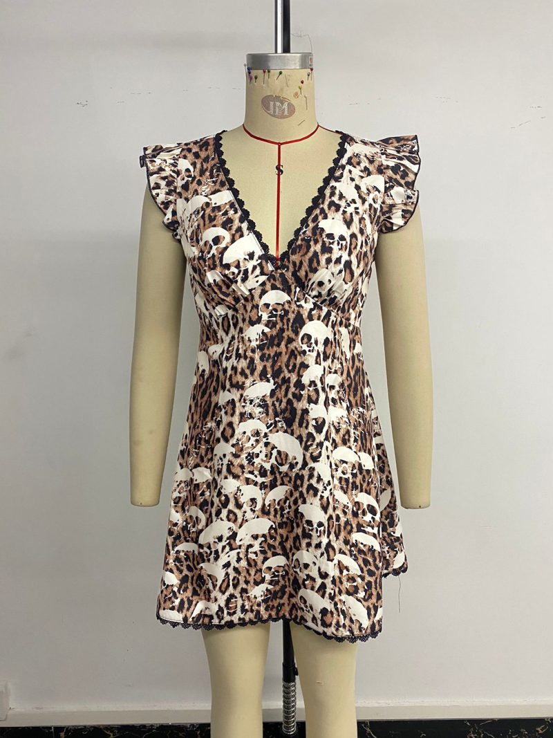 Leopard Print V-Neck Lace Party Dress - Image 4