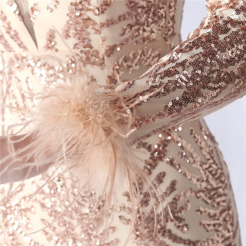 High-End Ostrich Hair Mesh Sequin Evening Dress - Image 3