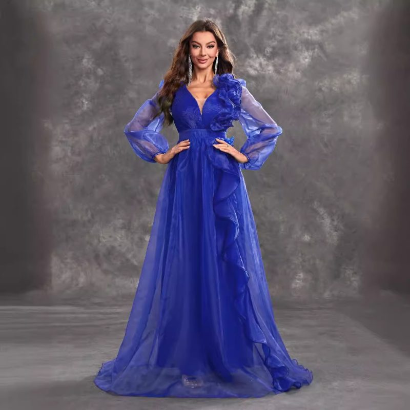 Elegant V-Neck Flounce Long Evening Dress - Image 4