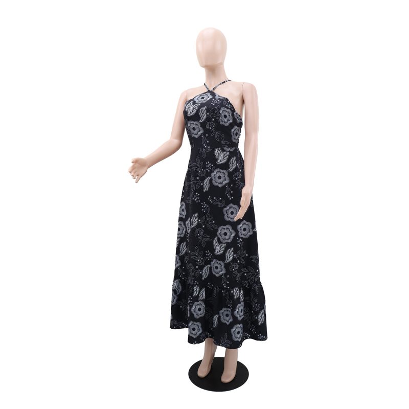 Elegant Off-Shoulder Printed Halter Vacation Dress - Image 2