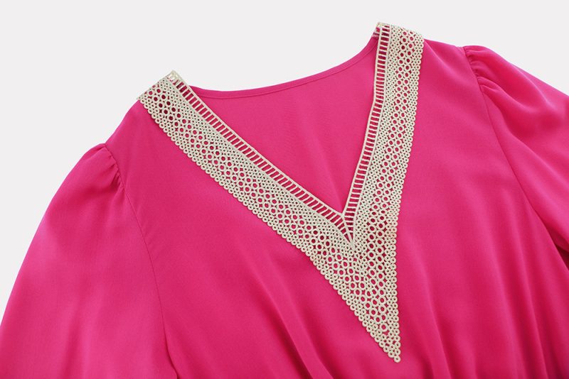 Lace Pleated Slim Fit V-Neck Dress - Image 4