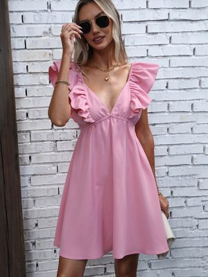 Pink Pleated Lace V-Neck Backless Dress