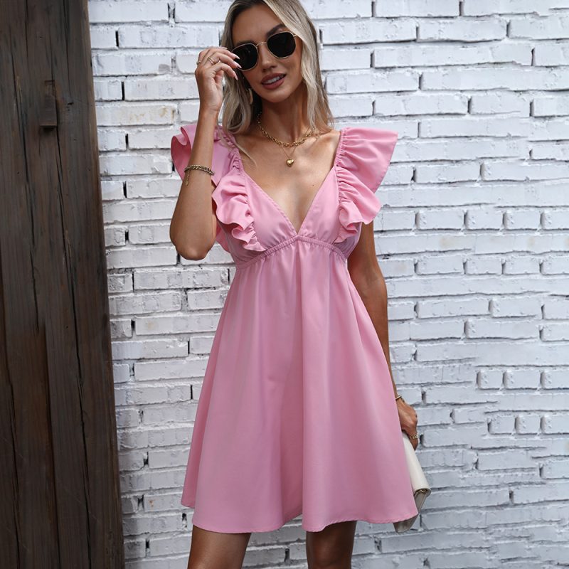 Pink Pleated Lace V-Neck Backless Dress