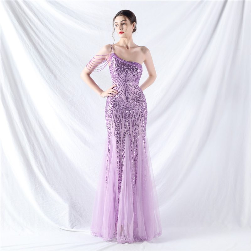 High-End Floral Beaded Sequin Mesh Evening Dress - Image 4