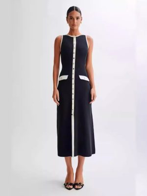 Elegant Round Neck Dress – Woolen Sleeveless Summer