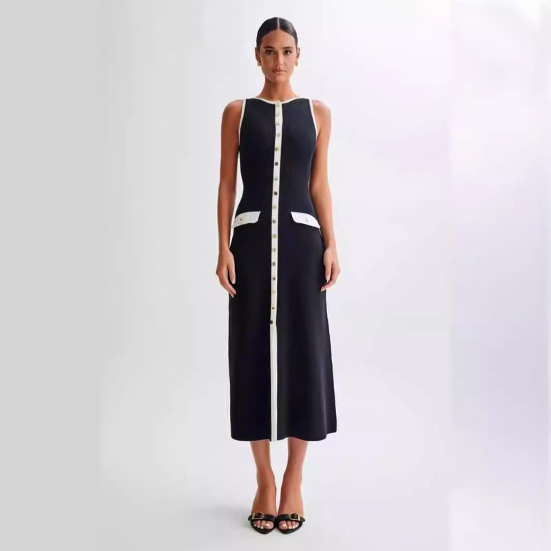 Elegant Round Neck Dress – Woolen Sleeveless Summer