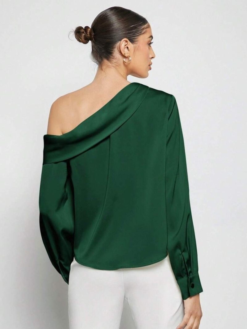 Spring Summer Off-Shoulder Pleated Satin Asymmetric Shirt - Image 2