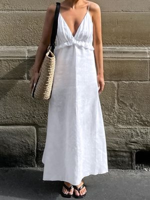 White Cotton V-Neck Flounce Maxi Vacation Dress