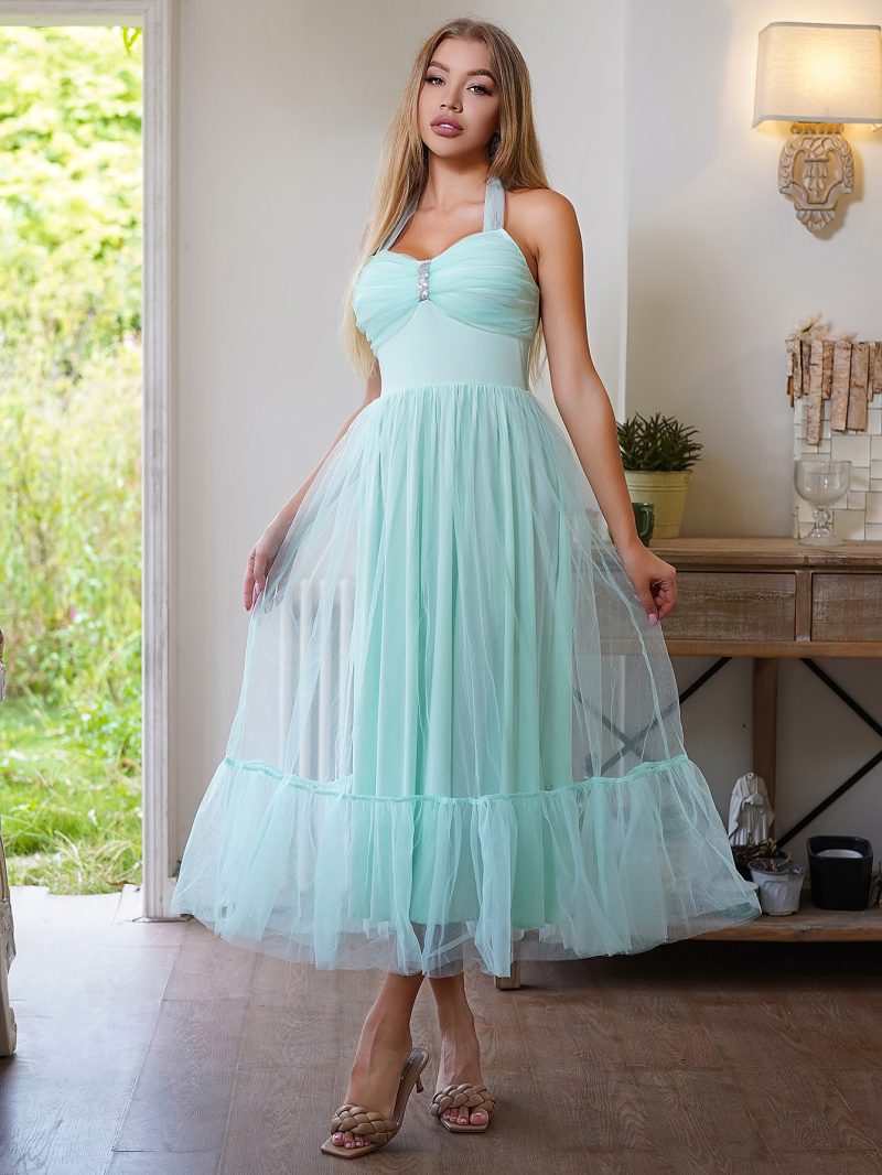 Lace-Up Tulle Princess Bridesmaid Midi Dress - Image 2