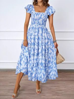 Bohemian Square Collar Pleated Ruffle Dress
