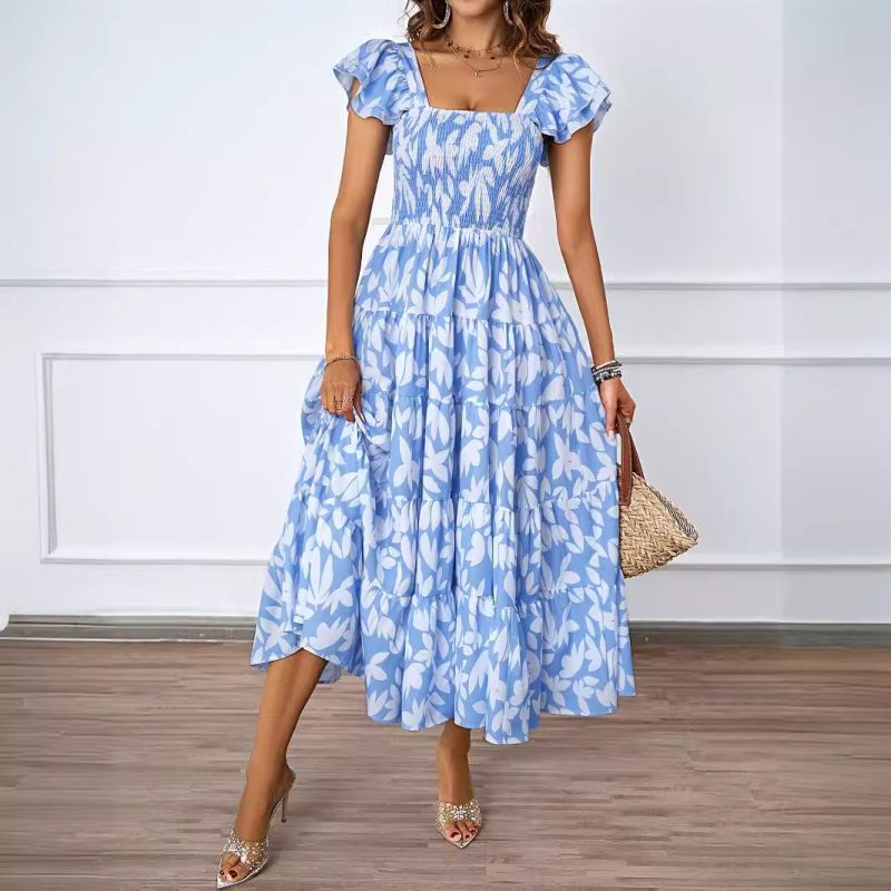 Bohemian Square Collar Pleated Ruffle Dress