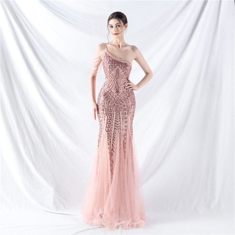 High-End Floral Beaded Sequin Mesh Evening Dress - Image 2