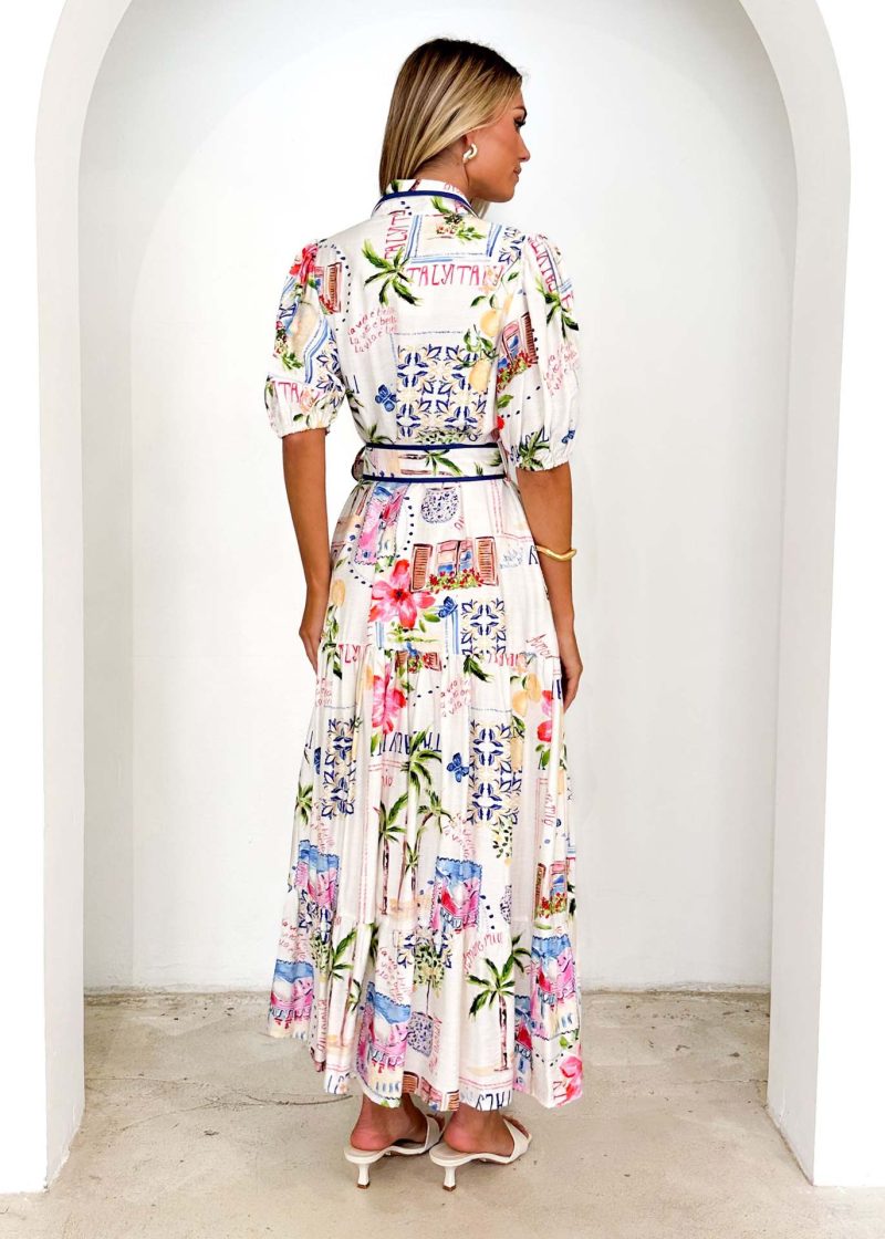 Floral Cotton Linen Lace-Up Short Sleeve Dress - Image 3