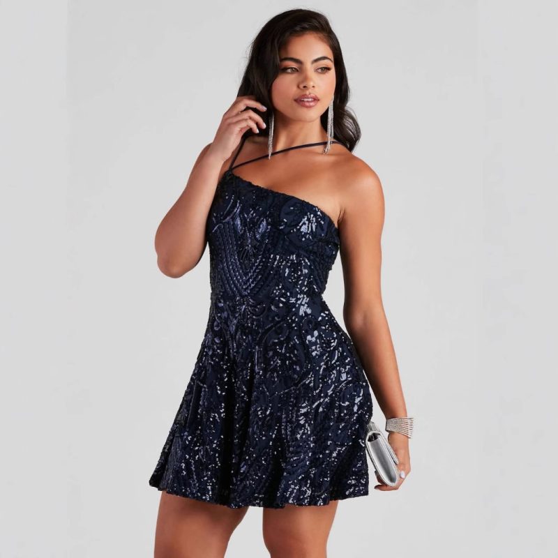 One Shoulder Sequin Summer Party Dress