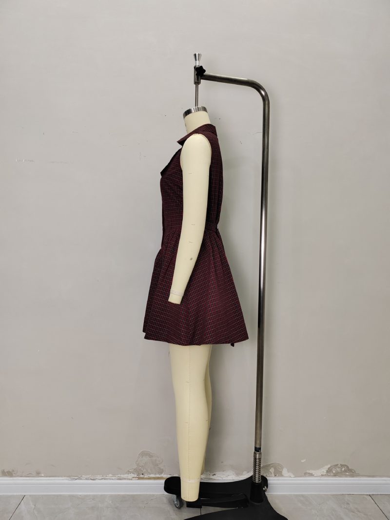 Red Plaid Halter Retro Slim Short Dress - Image 3
